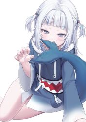 Rule 34 | 1girl, animal hood, biting own tail, blue eyes, blue hair, commentary, fins, fish tail, gawr gura, hair ornament, highres, hololive, hololive english, hood, hood down, multicolored hair, p00nipooni, shark hair ornament, shark hood, shark tail, sharp teeth, silver hair, simple background, streaked hair, tail, tail in mouth, teeth, upper teeth only, virtual youtuber, white background