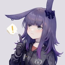 Rule 34 | !, animal ears, arknights, black bow, black gloves, black jacket, bow, closed mouth, commentary request, ear bow, ear piercing, gloves, grey background, grey eyes, twirling hair, hand up, jacket, long hair, long sleeves, looking away, miike (992058), piercing, rabbit ears, rope (arknights), simple background, solo, spoken exclamation mark