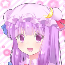 Rule 34 | 1girl, bad id, bad pixiv id, blue ribbon, blush, bright background, close-up, crescent, crescent pin, double bun, hat, head, looking at viewer, open mouth, patchouli knowledge, purple eyes, purple hair, red ribbon, ribbon, smile, solo, star (symbol), striped, striped background, touhou, upper body, yukina kurosaki