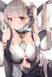Rule 34 | azur lane, black dress, blush, breasts, cleavage, dduck kong, dress, earrings, formidable (azur lane), frilled dress, frills, grey hair, highres, jewelry, large breasts, platinum blonde hair, pout, red eyes, solo, twintails, two-tone dress, two-tone ribbon