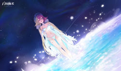 Rule 34 | 1girl, absurdres, agoto, alchemy stars, aurora, bare shoulders, bikini, blonde hair, breasts, collarbone, detached sleeves, dutch angle, glowing liquid, gronru (alchemy stars), gronru (day at the aquarium) (alchemy stars), hair between eyes, hair ornament, highres, long hair, low twintails, medium breasts, multicolored hair, navel, night, night sky, official art, open mouth, outdoors, red hair, shell, shiny skin, side-tie bikini bottom, sky, smile, solo, standing, stomach, swimsuit, twintails, very long hair, wading, water, white bikini, yellow eyes