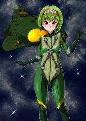 Rule 34 | 10s, 1girl, alien, antennae, bad end, blush, bob cut, bodysuit, cannon, cruiser, energy weapon, galaxy, gamilas, gloves, green hair, hairband, highres, hilde schultz, kaze makase, looking at viewer, md5 mismatch, military, military vehicle, pilot, pilot suit, radar, red eyes, science fiction, serious, ship, soldier, space, spacecraft, spacesuit, spoilers, star (sky), turret, uchuu senkan yamato, uchuu senkan yamato 2199, uniform, warship, watercraft