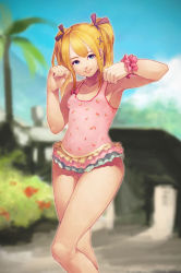 Rule 34 | 1girl, aoyuzuaoyuzu, blonde hair, blue eyes, bow, dead or alive, flat chest, food print, hair bow, hair ornament, highres, lips, long hair, marie rose, one-piece swimsuit, paw pose, pink one-piece swimsuit, scrunchie, smile, solo, strawberry print, swimsuit, twintails, wide hips, wrist scrunchie, x hair ornament