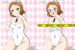 Rule 34 | 1girl, a-rise, animal ears, areola slip, argyle, argyle background, argyle clothes, blush, breasts, brown hair, caution tape, censored, censored nipples, cleavage, convenient censoring, covered navel, embarrassed, fake animal ears, green eyes, high heels, keep out, kira tsubasa, kneeling, leotard, looking at viewer, love live!, love live! school idol project, mr50iso, playboy bunny, rabbit ears, short hair, small breasts, solo, tape censor, wardrobe malfunction, white leotard