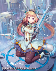 Rule 34 | 10s, 1girl, blonde hair, boots, building, cardfight!! vanguard, company name, cone magus, full body, gloves, hairband, long hair, low twintails, official art, pantyhose, polearm, purple eyes, saitou takeo, sitting, solo, spear, teeth, twintails, weapon