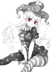 Rule 34 | 1girl, american flag dress, american flag legwear, breasts, clownpiece, collar, frilled collar, frilled shirt collar, frills, greyscale, hat, highres, jester cap, long hair, looking at viewer, monochrome, neck ruff, pantyhose, pointy ears, polka dot, raptor7, red eyes, shirt, short sleeves, simple background, sitting, smile, solo, spot color, star (symbol), striped, touhou, transparent wings, v arms, white background, wings