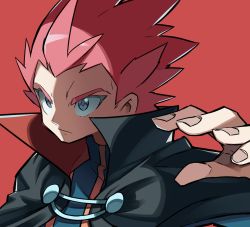 Rule 34 | 1boy, black cloak, blue eyes, blue jacket, cloak, closed mouth, commentary request, creatures (company), fingernails, frown, game freak, hand up, highres, hyou (hyouga617), jacket, lance (pokemon), male focus, nintendo, pink hair, pink pupils, pokemon, pokemon hgss, popped collar, red background, short hair, simple background, solo, spiked hair, upper body