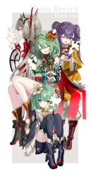 Rule 34 | 4girls, ;), ^ ^, absurdres, ahoge, black footwear, blowing, boots, braid, closed eyes, cup, detached sleeves, dolma (madoka magica), double bun, flower, green hair, grey hair, hair bun, hair flower, hair ornament, heruka (madoka magica), highres, holding, holding cup, irina kushu, long sleeves, magia record: mahou shoujo madoka magica gaiden, mahou shoujo madoka magica, multiple girls, natsume kako, one eye closed, parted lips, purple eyes, purple hair, ribbon, shino (eefy), simple background, smile, steam, teacup, thank you, thighhighs, twintails, wide sleeves, yellow tunic