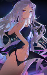 Rule 34 | 1girl, absurdres, ass, black horns, black wings, blue archive, blue one-piece swimsuit, building, city, closed mouth, commentary, flat chest, grey hair, hair between eyes, hair over shoulder, highres, hina (blue archive), hina (swimsuit) (blue archive), horns, leiq, long hair, looking at viewer, low wings, night, night sky, official alternate costume, one-piece swimsuit, outdoors, purple eyes, school swimsuit, sky, solo, swimsuit, very long hair, wet, wings