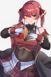Rule 34 | 1girl, absurdres, belt, black belt, black jacket, blush, box, breasts, cleavage, closed mouth, commentary, covered navel, cropped jacket, gift, gift box, gloves, grey background, hair ornament, hair ribbon, heterochromia, highres, holding, holding gift, hololive, houshou marine, jacket, large breasts, leotard, leotard under clothes, long hair, looking at viewer, red eyes, red hair, red ribbon, red skirt, reulem, ribbon, see-through, see-through cleavage, simple background, skirt, sleeveless, sleeveless jacket, smile, solo, symbol-only commentary, twintails, valentine, virtual youtuber, white gloves, yellow eyes