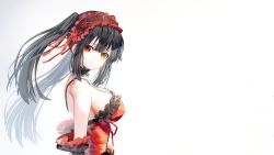 Rule 34 | 1girl, asymmetrical hair, bad id, bad pixiv id, black hair, breasts, clock eyes, date a live, detached sleeves, dress, floating hair, from side, hair ribbon, hairband, heterochromia, highres, large breasts, lolita hairband, long hair, looking at viewer, poharo, red dress, red eyes, red ribbon, ribbon, sideboob, simple background, sleeveless, sleeveless dress, smile, solo, symbol-shaped pupils, tokisaki kurumi, upper body, very long hair, white background, yellow eyes