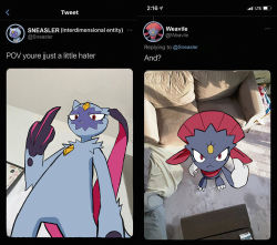 Rule 34 | chest jewel, claws, creatures (company), do9bessa, fang, forehead jewel, game freak, gen 4 pokemon, looking down, looking up, meme, middle finger, nintendo, photo background, pokemon, pokemon (creature), sneasler, twitter, weavile