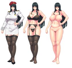 Rule 34 | 1girl, beret, black hair, blue eyes, blush, bra, breasts, censored, cleavage, curvy, feet, female focus, female pubic hair, full body, garter belt, hakai shin, hand on own hip, hat, high heels, huge breasts, inverted nipples, large breasts, long hair, looking at viewer, multiple views, navel, nipples, nude, panties, plump, pubic hair, pussy, serious, simple background, smile, standing, thick thighs, thighs, underwear, white background, wide hips