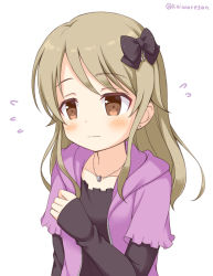 Rule 34 | 10s, 1girl, black bow, blush, bow, brown eyes, brown hair, dot nose, flying sweatdrops, hair bow, idolmaster, idolmaster cinderella girls, idolmaster cinderella girls starlight stage, jewelry, kaiware-san, layered clothes, medium hair, morikubo nono, necklace, solo, twitter username, wavy mouth