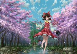 Rule 34 | 1girl, absurdres, ascot, barefoot, black hair, blue sky, cherry blossoms, cloud, day, detached sleeves, full body, hair ribbon, hair tubes, hakurei reimu, highres, japanese clothes, lake, landscape, long sleeves, looking at viewer, midriff, miko, nature, open mouth, petals, ribbon, ribbon-trimmed sleeves, ribbon trim, scenery, shirt, short hair, skirt, skirt set, sky, smile, solo, torii, touhou, tree, ultra-taf, water, wide shot, wide sleeves