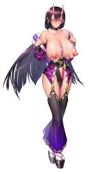 Rule 34 | 1girl, absurdres, after paizuri, asahi, breasts, breasts out, colored skin, cum, cum on body, cum on breasts, cum on upper body, demon girl, embarrassed, full body, highres, horns, huge breasts, lilith-soft, long hair, looking at viewer, miyoshi ura, nipples, official art, oni horns, pointy ears, red skin, shiny skin, simple background, solo, taimanin (series), taimanin rpgx, very long hair, wide hips