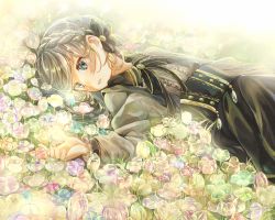 Rule 34 | 1girl, bad id, bad pixiv id, blue eyes, bow, bowtie, braid, brooch, center frills, field, flower, flower field, frills, grey hair, hair ornament, jewelry, light smile, long hair, long sleeves, looking to the side, lying, on back, original, parted lips, skirt, solo, yuzuyu