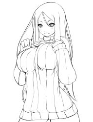 Rule 34 | 10s, 1girl, abyssal ship, bottomless, breasts, colorized, greyscale, kantai collection, large breasts, lineart, long hair, looking at viewer, monochrome, naked sweater, ribbed sweater, shiki (psychedelic g2), simple background, smile, solo, sweater, ta-class battleship, turtleneck, white background