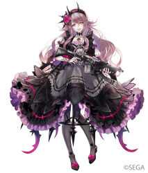 1girl ankle_garter assault_rifle black_hairband breasts collarbone demon_horns dress finger_on_trigger flower flower_tattoo frills gothic_lolita gun hair_between_eyes hair_flower hair_ornament hairband heterochromia high_heels holding holding_gun holding_weapon horns idola_phantasy_star_saga lolita_fashion long_hair medium_breasts odette_(idola) official_art open_mouth pantyhose petticoat phantasy_star phantasy_star_online_2 pink_eyes pink_flower pink_hair pink_rose rifle rose senano-yu smile solo tachi-e tattoo very_long_hair weapon yellow_eyes