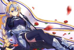 Rule 34 | 1girl, a.t. zero, armor, bad id, bad twitter id, black ribbon, blonde hair, blue eyes, blue thighhighs, blurry, blush, bow, braid, breasts, chain, closed eyes, closed mouth, depth of field, fate/apocrypha, fate (series), faulds, flag, flower, gauntlets, gradient background, greaves, hair bow, hair ribbon, headpiece, highres, holding, holding flag, impossible clothes, impossible shirt, jeanne d&#039;arc (fate), jeanne d&#039;arc (ruler) (fate), large breasts, leaf, leaning back, long hair, looking at viewer, petals, ribbon, rose petals, shirt, sidelocks, simple background, single braid, sitting, smile, solo, standard bearer, thighhighs, tress ribbon, underbust, very long hair