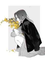 Rule 34 | 1girl, absurdres, character request, chaser game w, chinese commentary, commentary request, crying, crying with eyes open, dress, flower, full body, greyscale, highres, holding, holding flower, jacket, jacket on shoulders, long hair, long sleeves, monochrome, parted lips, solo, squatting, tears, yellow flower, yoohu6