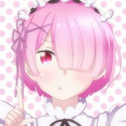 10s 1girl blush closed_mouth female_focus one_eye_covered pink_eyes pink_hair pout ram_(re:zero) re:zero_kara_hajimeru_isekai_seikatsu short_hair solo spotted upper_body