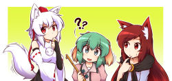 Rule 34 | 3girls, :/, :d, ?, ??, animal ear fluff, animal ears, bamboo broom, bare shoulders, blue eyes, blush, bridal gauntlets, brooch, broom, brown hair, detached sleeves, dog ears, dress, finger to mouth, fingernails, green hair, hand on own chin, hat, head tilt, imaizumi kagerou, inubashiri momiji, jewelry, kasodani kyouko, long hair, long sleeves, looking at viewer, multiple girls, open mouth, red eyes, ribbon-trimmed sleeves, ribbon trim, sharp fingernails, short hair, slit pupils, smile, tail, thinking, tokin hat, touhou, white hair, wide sleeves, wolf ears, wolf tail, wool (miwol)