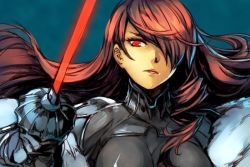 Rule 34 | 1girl, atlus, bodysuit, breasts, hair over one eye, hungry clicker, kirijou mitsuru, large breasts, long hair, persona, persona 3, persona 4: the ultimate in mayonaka arena, rapier, red eyes, red hair, sega, solo, sword, weapon