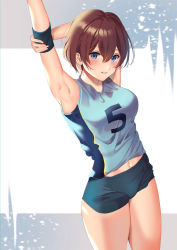 Rule 34 | 1girl, armpits, arms up, blue eyes, blush, brown hair, highres, looking at viewer, navel, solo, sports uniform