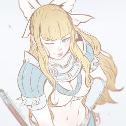 Rule 34 | 1girl, :p, ;p, armor, bikini armor, blonde hair, blue eyes, blush, bow, breasts, charlotte (fire emblem), chromatic aberration, cleavage, female focus, fire emblem, fire emblem fates, gradient background, hand on own hip, koyorin, large breasts, navel, nintendo, one eye closed, pale color, pauldrons, shoulder armor, smile, solo, spikes, stomach, tongue, tongue out, weapon, white bow, wink