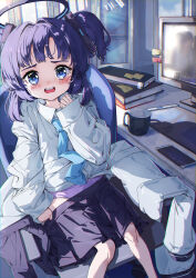 Rule 34 | 1girl, absurdres, aged down, aqua necktie, black shorts, blue archive, blue eyes, blush, book, book stack, cellphone, cup, halo, highres, indoors, jacket, long sleeves, looking at viewer, monitor, mug, necktie, oversized clothes, oversized shirt, panties, phone, purple hair, purple panties, rnjs4967, shirt, shorts, sitting, sleeves past wrists, solo, tears, underwear, unworn jacket, white shirt, yuuka (blue archive)