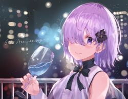 Rule 34 | 1girl, anniversary, bare shoulders, black bow, black bowtie, black flower, blush, bow, bowtie, city lights, closed mouth, commentary, cup, dress, drink, drinking glass, english commentary, fate/grand order, fate (series), fingernails, flower, hair flower, hair ornament, hair over one eye, haru yu, highres, holding, holding cup, holding drink, huge filesize, light particles, lips, looking at viewer, mash kyrielight, mash kyrielight (under the same sky), nail polish, night, official alternate costume, one eye covered, outdoors, purple eyes, purple hair, purple nails, see-through, short hair, sleeveless, sleeveless dress, smile, solo, under the same sky, upper body, white dress, wrist cuffs