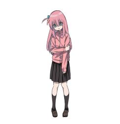 Rule 34 | 1girl, black socks, bocchi the rock!, commentary, cube hair ornament, full body, gotoh hitori, green eyes, hair between eyes, hair ornament, jacket, long hair, long sleeves, looking down, parted lips, pink hair, pink jacket, pleated skirt, shaded face, shoes, simple background, skirt, socks, solo, standing, track jacket, wadasada, white background