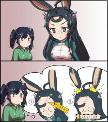 Rule 34 | &gt;:&lt;, 2girls, 2koma, :&lt;, ahoge, animal ears, azur lane, black eyes, black hair, blue eyes, closed mouth, comic, commentary request, crossover, english text, fujikusa, glasses, highres, historical name connection, imagining, japanese clothes, kantai collection, long hair, multiple girls, name connection, rabbit ears, silent comic, simple background, smile, souryuu (azur lane), souryuu (kancolle), sweat, twintails, v-shaped eyebrows
