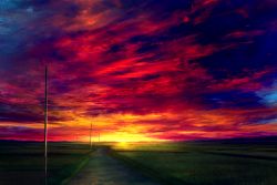 Rule 34 | bad id, bad pixiv id, commentary request, field, grass, highres, mks, multicolored sky, no humans, original, outdoors, power lines, red sky, road, scenery, sky, sun, sunset, utility pole