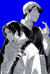 Rule 34 | 2boys, blue background, closed mouth, cowboy shot, ear piercing, greyscale, greyscale with colored background, gusha (orenji hnkn), hand up, high collar, highres, jacket, japanese clothes, jujutsu kaisen, kimono, long sleeves, looking away, male focus, monochrome, multicolored hair, multiple boys, okkotsu yuuta, parted lips, partially colored, piercing, school uniform, shirt, short hair, simple background, spot color, standing, tsurime, two-tone hair, upper body, weapon bag, yellow eyes, zenin naoya