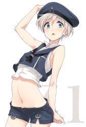 Rule 34 | 10s, 1girl, :o, adapted costume, alternate costume, anchor, arm up, aya shachou, blue eyes, blush, clothes writing, crop top, crop top overhang, flat chest, hand on headwear, hat, highres, kantai collection, looking at viewer, midriff, navel, open mouth, personification, sailor hat, short hair, short shorts, shorts, silver hair, solo, stomach, z1 leberecht maass (kancolle)