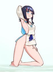 Rule 34 | 1girl, black hair, blue ribbon, breasts, bulge, dress, erection, erection under clothes, fate/grand order, fate (series), futanari, japanese clothes, jewelry, liveactors, long sleeves, magatama, magatama hair ornament, magatama necklace, medium hair, multicolored hair, necklace, no panties, penis, penis peek, pink hair, puffy long sleeves, puffy sleeves, ribbon, sideboob, sideless outfit, sidelocks, solo, thighs, utsumi erice, white dress