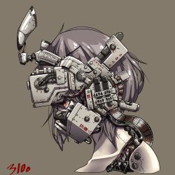 Rule 34 | 1girl, 310o sugar, android, beige background, brown hair, cable, collarbone, gas mask, head-mounted display, joints, mask, mechanical parts, original, red eyes, robot joints, short hair, signature, solo, tube, visor lift