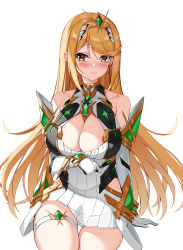 Rule 34 | 1girl, absurdres, arm under breasts, bare shoulders, blonde hair, blush, breasts, circlet, cleavage, closed mouth, dress, elbow gloves, gloves, highres, invisible chair, large breasts, leg strap, looking at viewer, mythra (xenoblade), panties, sitting, sleeveless, sleeveless dress, solo, thigh strap, thighs, underwear, white background, white dress, white gloves, white panties, xenoblade chronicles (series), xenoblade chronicles 2, yellow eyes, yuxian youka