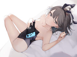 Rule 34 | 1girl, absurdres, animal ears, bare arms, bare legs, bare shoulders, bed sheet, black leotard, blue hair, blue nails, blush, breasts, brown eyes, brown hair, closed mouth, collarbone, colored inner hair, handheld game console, highres, holding, holding handheld game console, knees up, leotard, looking at viewer, lying, medium breasts, medium hair, multicolored hair, nintendo switch, on back, original, playboy bunny, rabbit ears, shin no tenpii, solo, strapless, strapless leotard, streaked hair, sweatdrop, white background