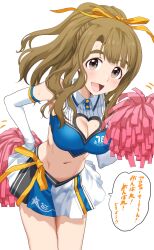 Rule 34 | 1girl, :d, blush, breasts, brown eyes, brown hair, cheerleader, cleavage, cleavage cutout, clothing cutout, cowboy shot, crop top, elbow gloves, gloves, hand on own hip, heart cutout, highres, idolmaster, idolmaster million live!, looking at viewer, medium breasts, miyao miya, navel, open mouth, pleated skirt, pom pom (cheerleading), ponytail, run p (aveton), simple background, skirt, smile, solo, speech bubble, standing, sweat, thick eyebrows, white background