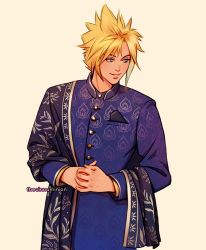 Rule 34 | 1boy, alternate costume, aqua eyes, blonde hair, blue jacket, buttons, cloud strife, final fantasy, final fantasy vii, final fantasy vii remake, indian clothes, jacket, long sleeves, looking to the side, male focus, own hands clasped, own hands together, parted lips, pocket square, short hair, smile, solo, spiked hair, thar chandran, twitter username, upper body