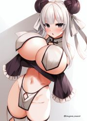 Rule 34 | 1girl, arms under breasts, breast curtains, breasts, chinese clothes, cleavage, commission, demon girl, double bun, hair bun, huge breasts, marota, navel, original, pelvic curtain, pixiv commission, purple eyes, revealing clothes, solo, thick thighs, thighhighs, thighs, white hair, white thighhighs