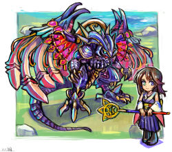 Rule 34 | 1girl, bahamut (final fantasy), blue eyes, brown hair, chibi, final fantasy, final fantasy x, green eyes, heterochromia, highres, holding, holding staff, monster, oomasa teikoku, open hands, short hair, square enix, staff, standing, wings, yuna