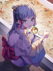 Rule 34 | 1girl, :d, absurdres, alternate costume, ayaka (genshin impact), back bow, blue eyes, blue hair, bow, chinese knot, commentary request, from above, full body, genshin impact, goldfish scooping, hair ornament, highres, holding, japanese clothes, kei-sssk, kimono, long hair, long sleeves, looking at viewer, open mouth, poi (goldfish scoop), red bow, smile, solo, squatting, water, white kimono, wide sleeves