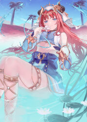 Rule 34 | 1girl, blue bow, blue eyes, blue gemstone, blue skirt, blue sky, bow, bracer, breasts, brooch, circlet, closed mouth, crop top, detached sleeves, fake horns, feet out of frame, flower, gem, genshin impact, gladiator sandals, gold footwear, gold trim, hand up, high-waist skirt, highres, holding, holding flower, horns, hydrokinesis, jewelry, lily pad, long hair, long sleeves, looking at viewer, medium breasts, midriff, miniskirt, mountainous horizon, neck ring, nilou (genshin impact), outdoors, palm tree, parted bangs, partially submerged, puffy long sleeves, puffy sleeves, red hair, sandals, sitting on water, skirt, sky, smile, solo, thighlet, thighs, tree, twintails, ufotram, veil, water, white flower, white headwear