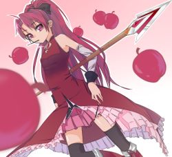 Rule 34 | 10s, 1girl, apple, bare shoulders, black thighhighs, blurry, boots, depth of field, detached sleeves, dutch angle, female focus, food, fruit, gradient background, ibuki notsu, mahou shoujo madoka magica, mahou shoujo madoka magica (anime), mouth hold, pink eyes, pocky, polearm, ponytail, red eyes, red hair, sakura kyoko, simple background, solo, spear, thighhighs, weapon