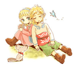 Rule 34 | 1boy, 1girl, aged down, animal, back-to-back, blonde hair, blunt bangs, blush, boots, bug, butterfly, closed eyes, drooling, flower, green eyes, hairband, insect, link, long hair, looking at another, looking back, nintendo, pointy ears, princess zelda, saliva, short hair, sidelocks, sitting, sleeping, sleeping on person, sleeping upright, squirrel, tak (karasuki), the legend of zelda, the legend of zelda: skyward sword, young link, young zelda