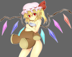 Rule 34 | 1girl, bad id, bad pixiv id, blonde hair, crossed arms, decapitation, embodiment of scarlet devil, female focus, flandre scarlet, grey background, hat, hat ribbon, hugging doll, hugging object, nude, pointy ears, red eyes, ribbon, side ponytail, simple background, solo, stuffed animal, stuffed toy, taka1234, taka (taka1234), teddy bear, touhou, wings